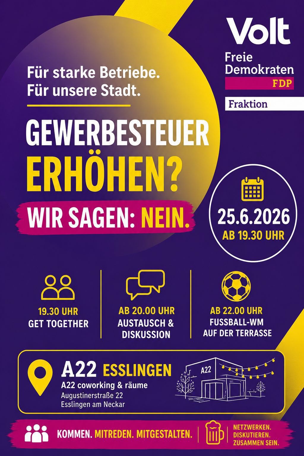 Gewerbesteuer erhöhen? Wir sagen: NEIN Austausch & Diskussion am 25.6.2026, A22 Augustinerstrasse 22, Esslingen